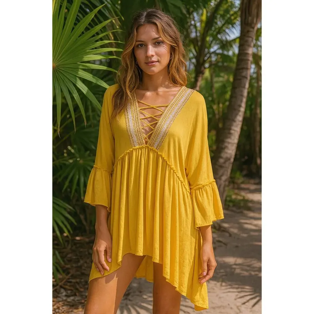 Hazel Embroidered Beach Cover Up Tunic Bell Sleeve Yellow Rayon Women's M NWT